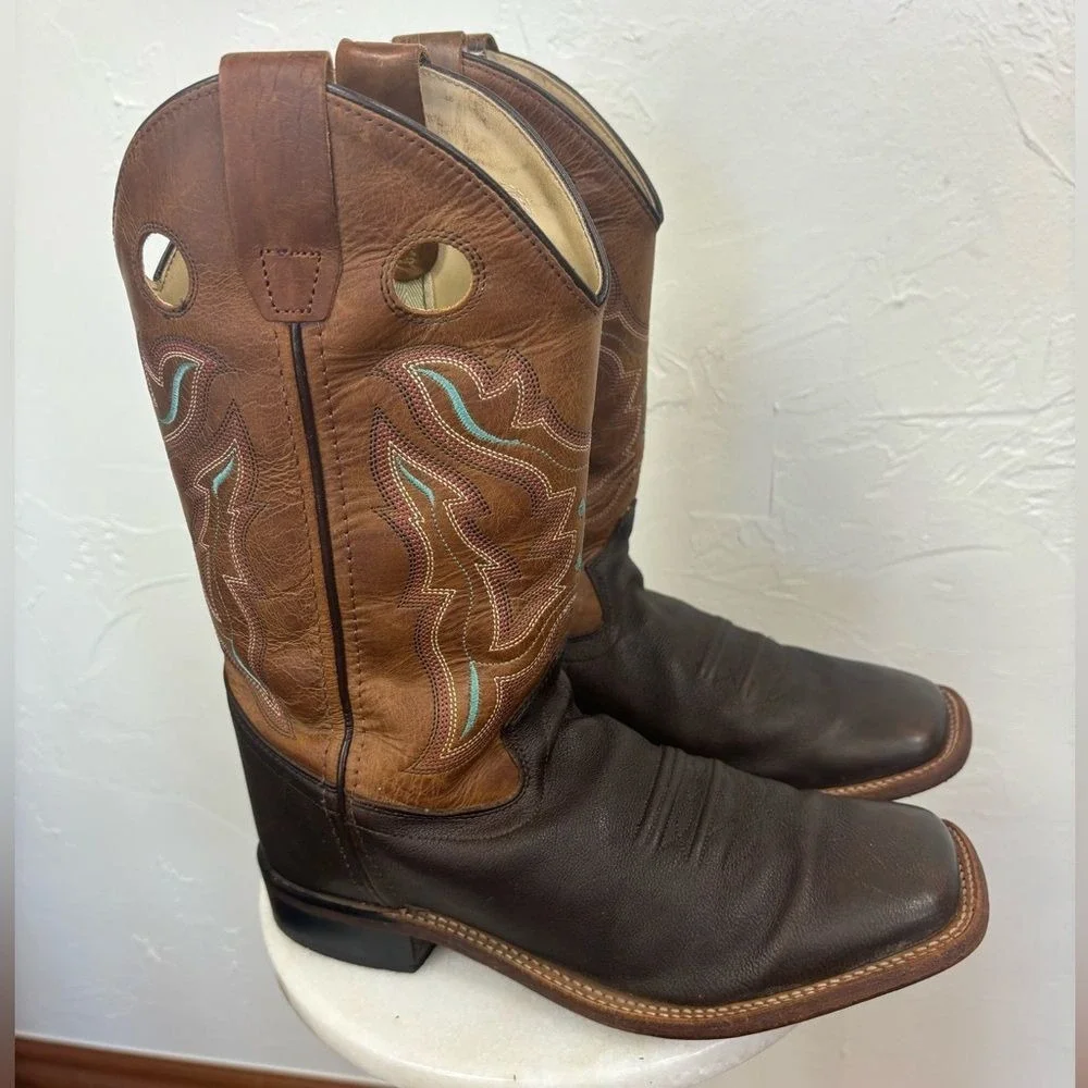 OLD WEST Broad Square Toe‎ Western Cowboy Boots Brown Tan Leather Cowgirl 6